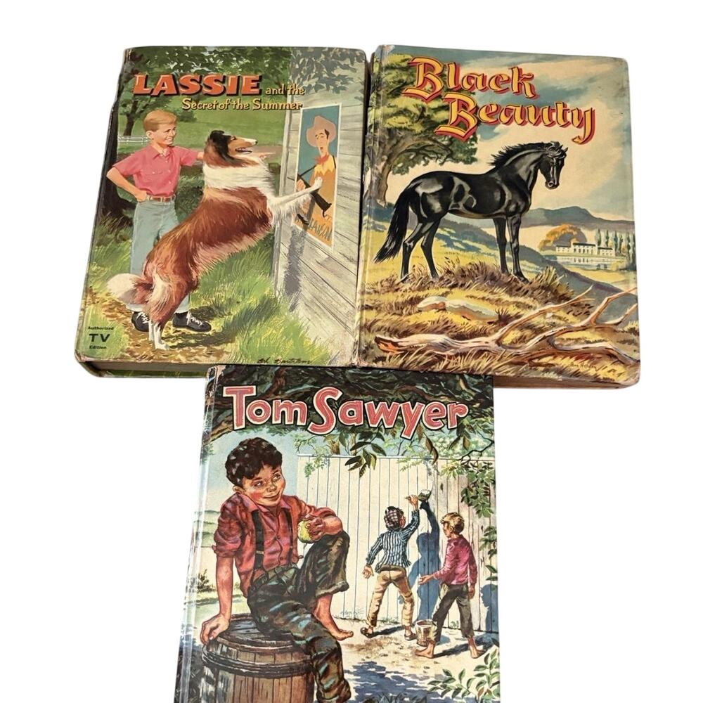 Vintage 1950s Children’s Book Set (3) – Lassie, Black Beauty & Tom Sawyer